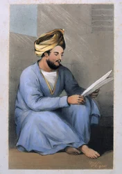 Capitaine Johnstone, Service du Shah, assis en train de lire en tenue afghane, 1842